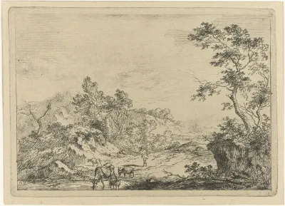 Landschap met herder en vee bij beek