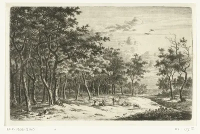 Landschap met herder en zijn kudde aan de rand van het bos