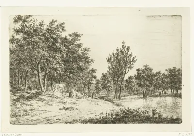 Landschap met herder en zijn kudde bij een vijver