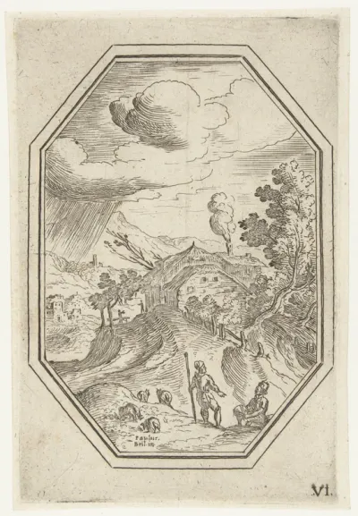 Landschap met herder in octagonaal kader