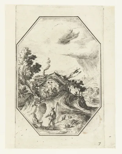 Landschap met herder in octagonaal kader