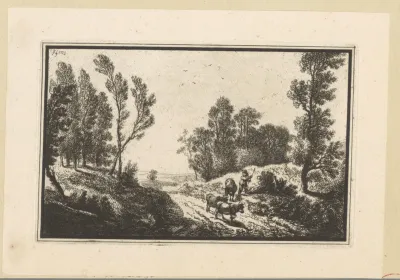 Landschap met herder met drie runderen op een pad tussen bomen