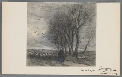 Landschap met herder of herderin en schapen