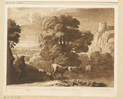 Landschap met herder, twee geiten en drie ossen bij een meer