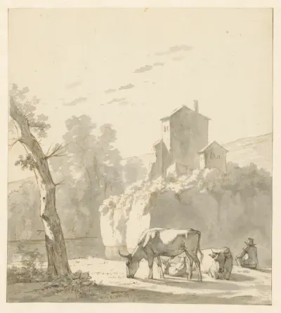 Landschap met herder, twee koeien en schapen