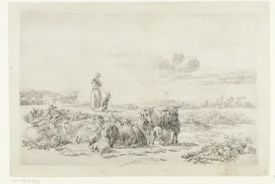 Landschap met herderin en hond bij kudde schapen