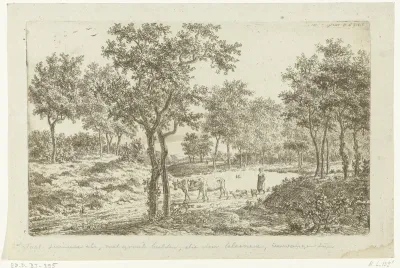 Landschap met herderin en kudde voor een vijver met twee eenden
