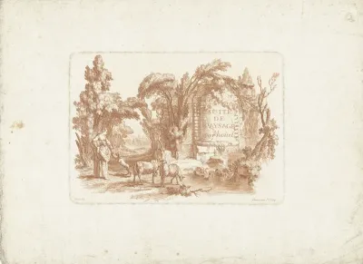 Landschap met herderin en schapen bij fontein
