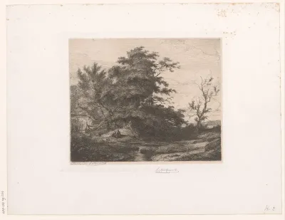 Landschap met herderin met geiten bij een boompartij aan een beek