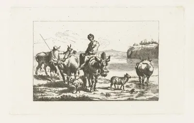 Landschap met herderin op muilezel en herder met koeien