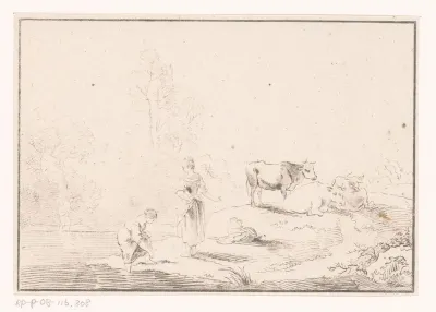 Landschap met herderinnen bij water