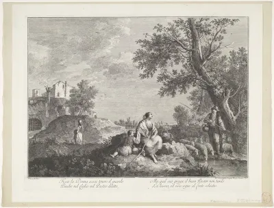 Landschap met herderinnen en jongens bij waterval