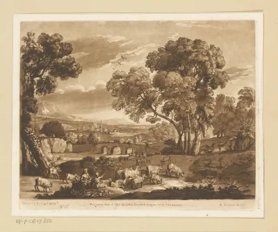 Landschap met herderinnen, vee en gevecht op een brug