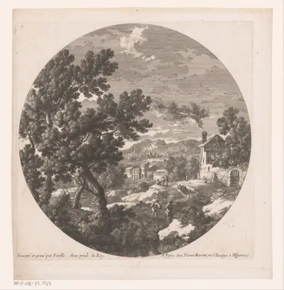 Landschap met herders aan de rand van een dorp