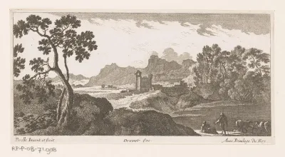 Landschap met herders bij drinkende koeien