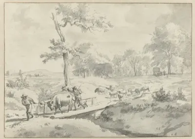 Landschap met herders bij een bruggetje