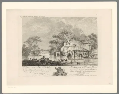 Landschap met herders bij een watermolen aan een rivier