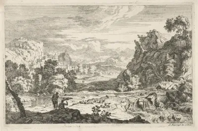 Landschap met herders bij een waterval