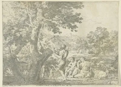 Landschap met herders en een hond