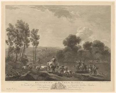 Landschap met herders en reizigers aan een oever