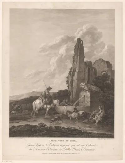 Landschap met herders en reizigers bij een waterplaats