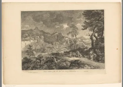 Landschap met herders en stad aan een rivier tijdens een storm