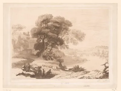 Landschap met herders en vee aan de rand van een rivier