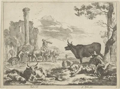 Landschap met herders en vee bij een drinkplaats