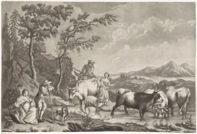 Landschap met herders en vee bij een rivier
