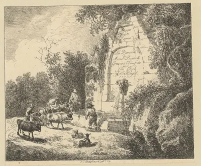 Landschap met herders en vee bij een waterbron