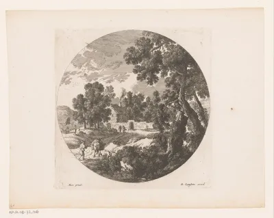 Landschap met herders en vee bij huis
