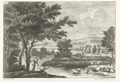 Landschap met herders en vee bij water