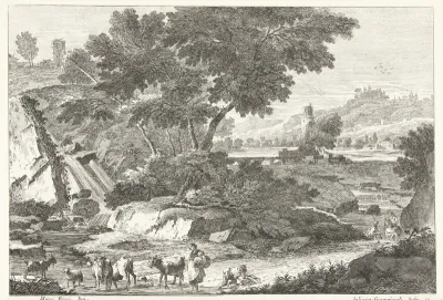 Landschap met herders en vee bij waterval