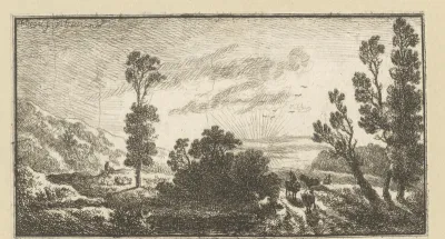 Landschap met herders en vee bij zonsondergang