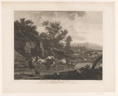 Landschap met herders en vee die door een stroom waden