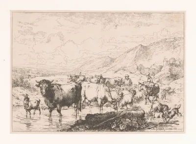 Landschap met herders en vee in een beek
