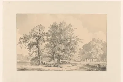 Landschap met herders en vee onder grote bomen