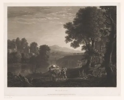 Landschap met herders en vrouw op muilezel aan de oever van een rivier