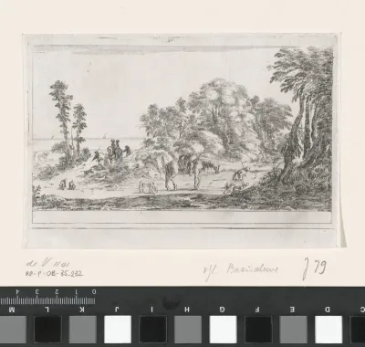 Landschap met herders, jachthonden en een beladen paard die terugkeren na de jacht