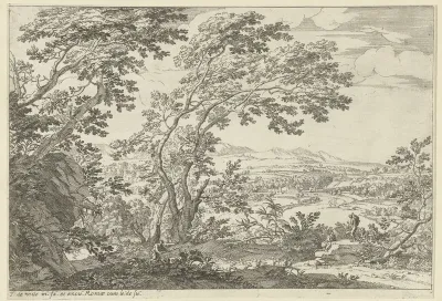 Landschap met herders met een kudde schapen