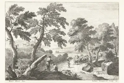 Landschap met herders op weg langs kleine waterval