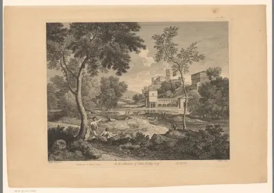 Landschap met herders, vee en stad aan een oever