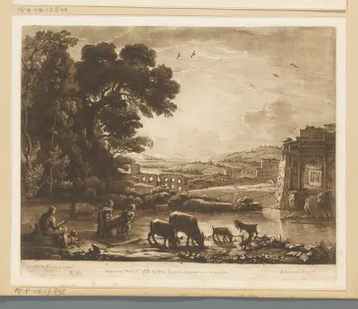 Landschap met herders, vee en triomfboog rond een meer