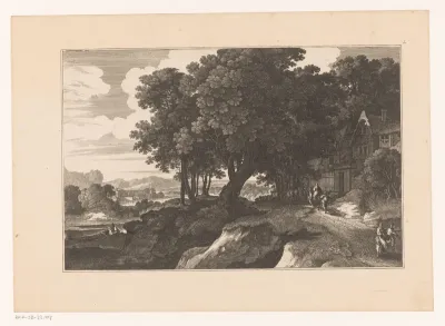 Landschap met herders voor een huis