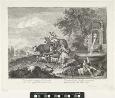 Landschap met herdersfamilie bij waterbassin