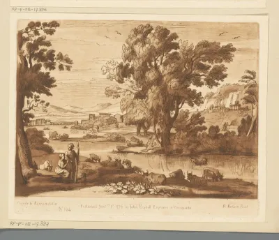 Landschap met herderspaar en vee aan rivieroever