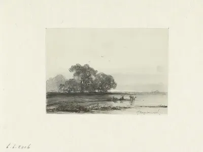 Landschap met herten aan het water