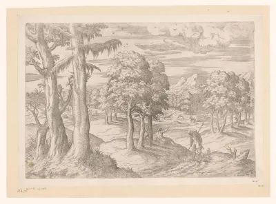 Landschap met herten en jagers