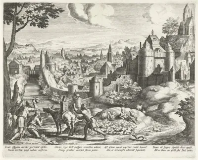 Landschap met het embleem over de aanbidding van het beeld van Isis