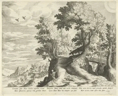 Landschap met het embleem over de Dood en Cupido